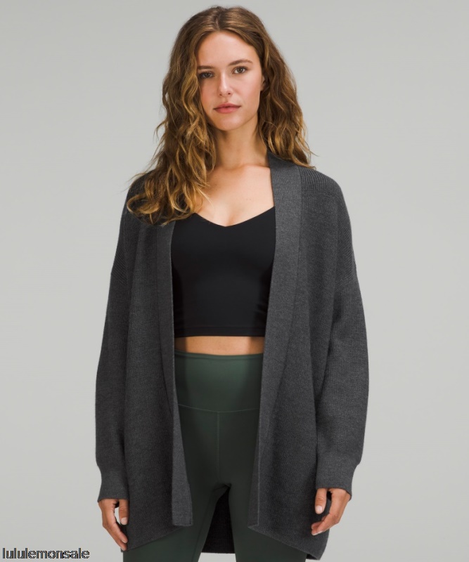 Lululemon Damen DELULU483 | Gerippter Langer Wickelpullover Aus Merinowollmischung Schwarz Meliert